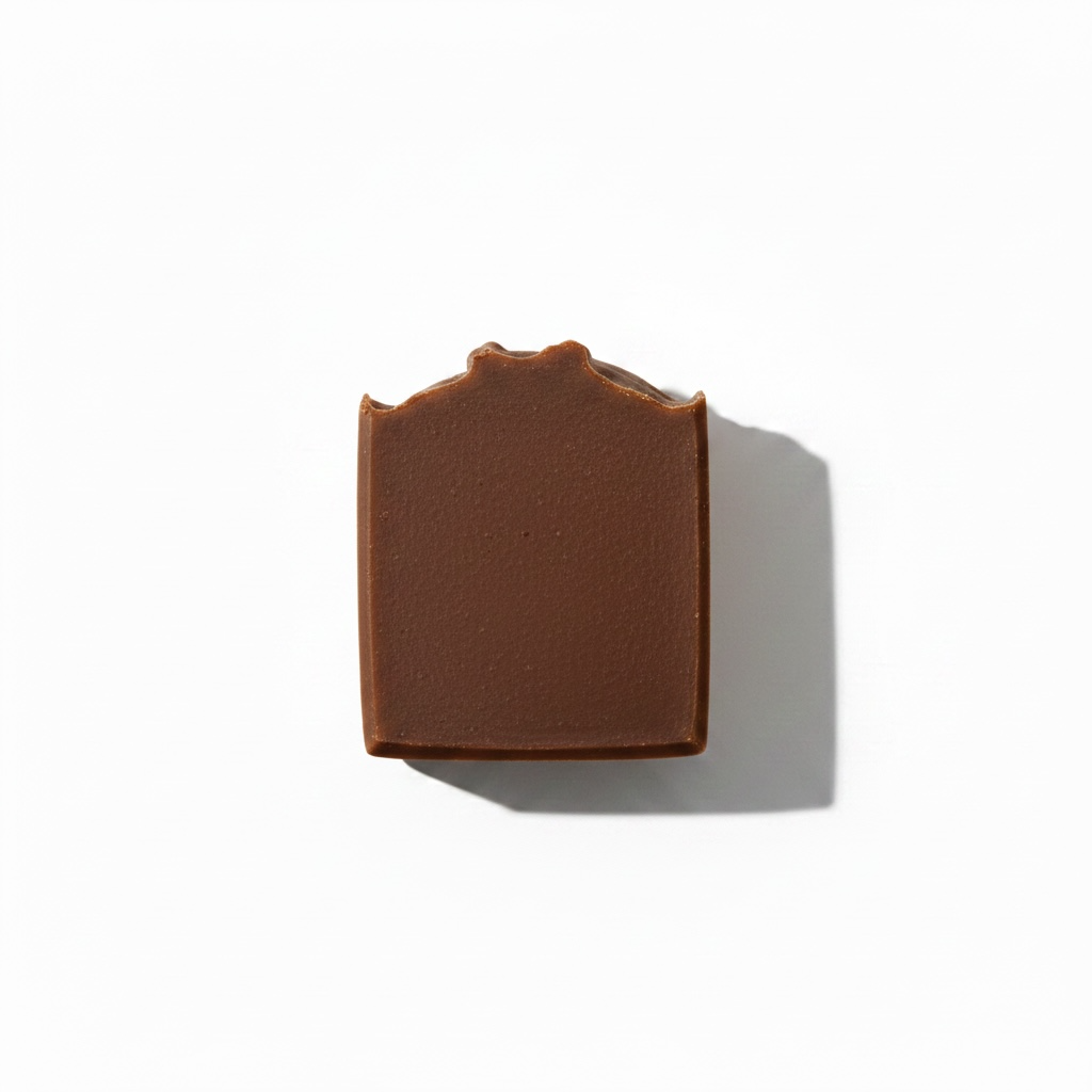 A single brown rectangular bar of soap with a decorative pointed top, photographed on a clean white background with a soft shadow to the right.