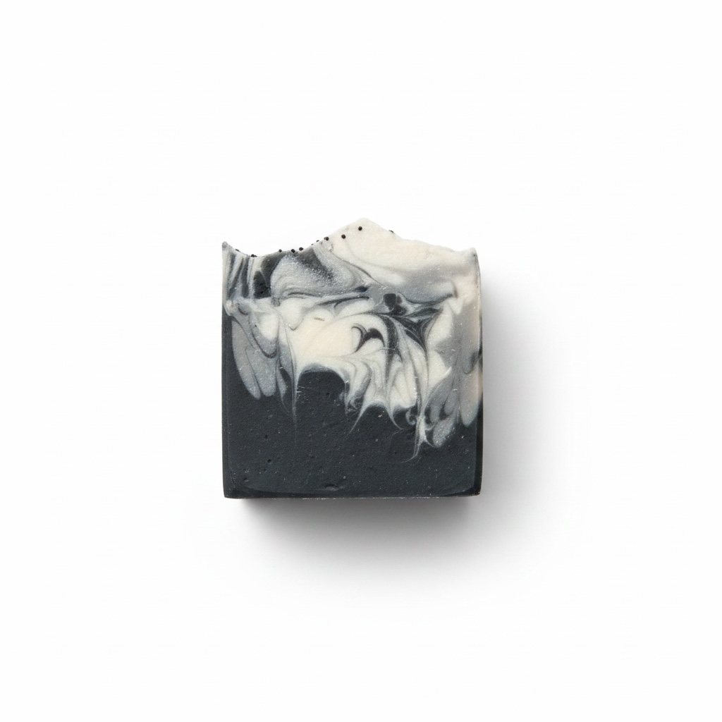 A rectangular bar of soap with a swirled black and white marbled pattern, shown on a clean white background with a soft drop shadow.
